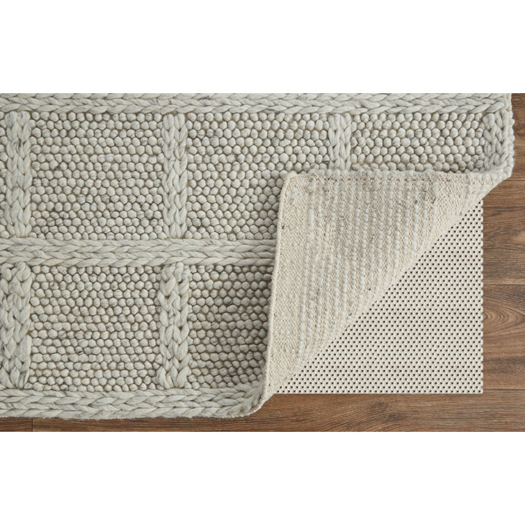 Ivory Handwoven Wool Rectangular Plaid Area Rug 2' x 3'