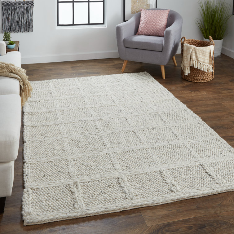 Ivory Handwoven Wool Rectangular Plaid Area Rug 2' x 3'