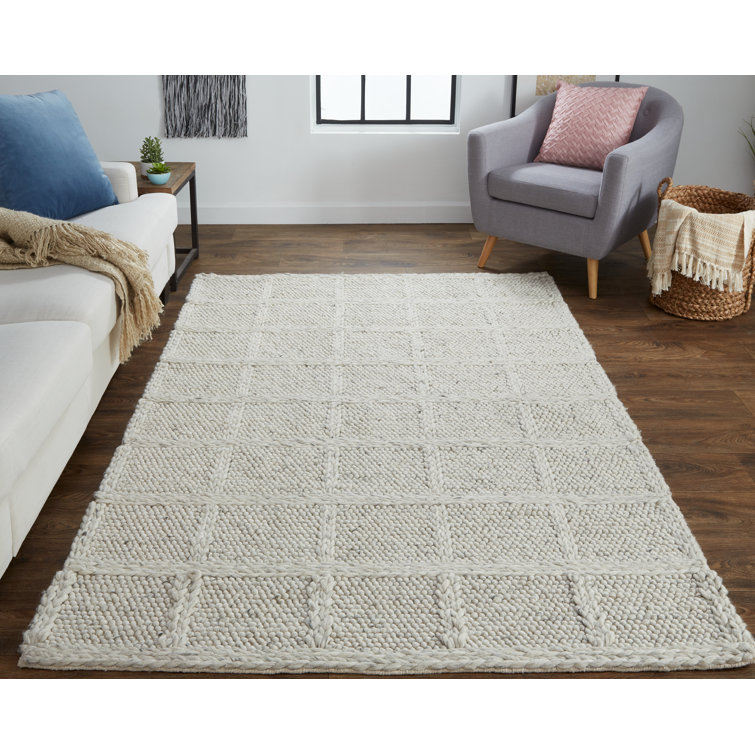 Ivory Handwoven Wool Rectangular Plaid Area Rug 2' x 3'