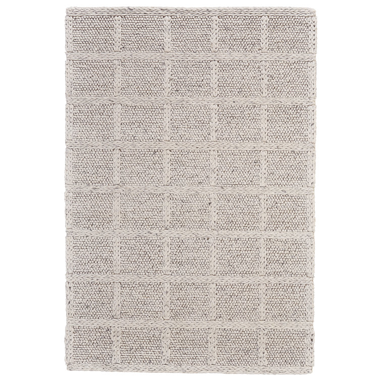 Ivory Handwoven Wool Rectangular Plaid Area Rug 2' x 3'