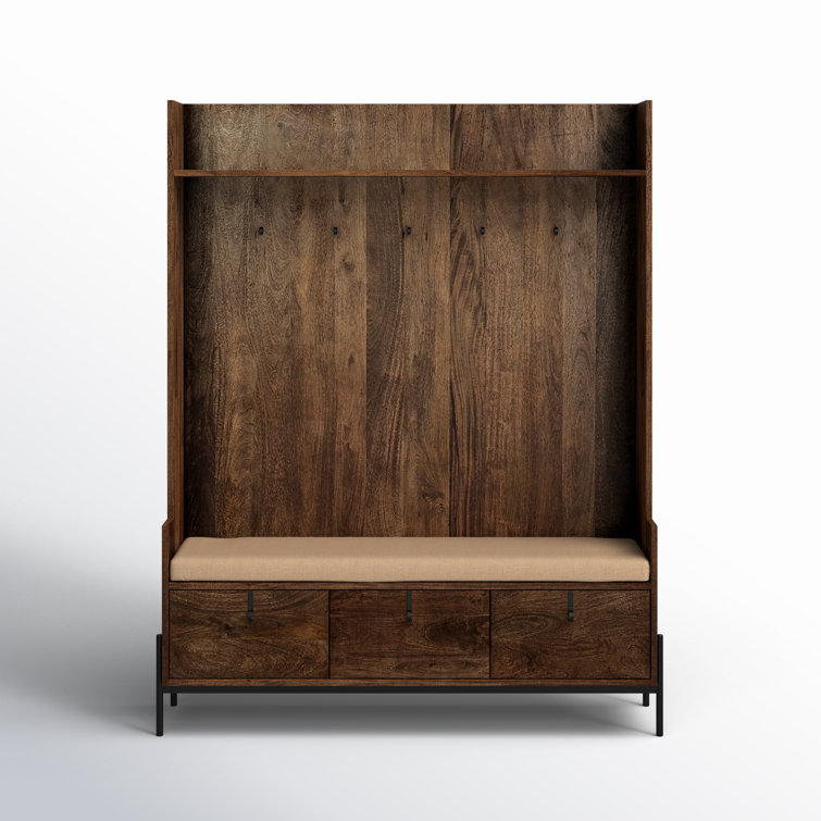 Glenn V Dark Brown Mango Wood Hall Tree with Storage and Cream Fabric Seat