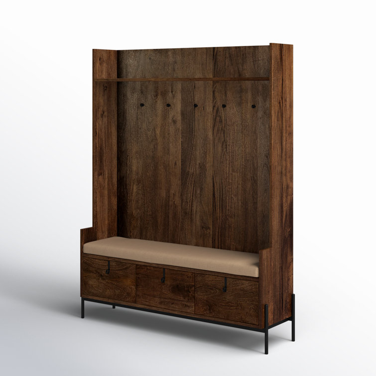 Glenn V Dark Brown Mango Wood Hall Tree with Storage and Cream Fabric Seat