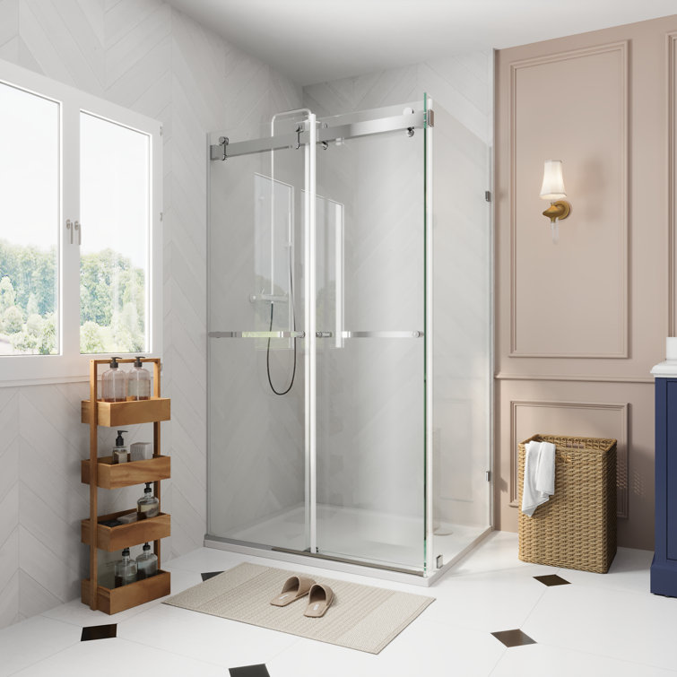 43" Frameless Sliding Shower Enclosure with Clear Glass and Stainless Steel