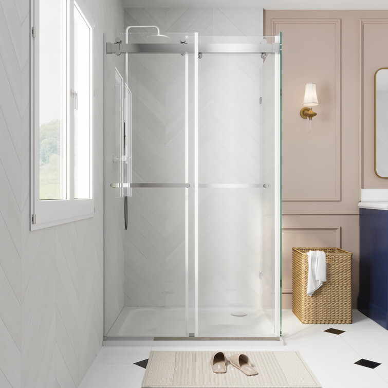 43" Frameless Sliding Shower Enclosure with Clear Glass and Stainless Steel
