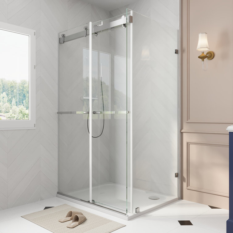 43" Frameless Sliding Shower Enclosure with Clear Glass and Stainless Steel