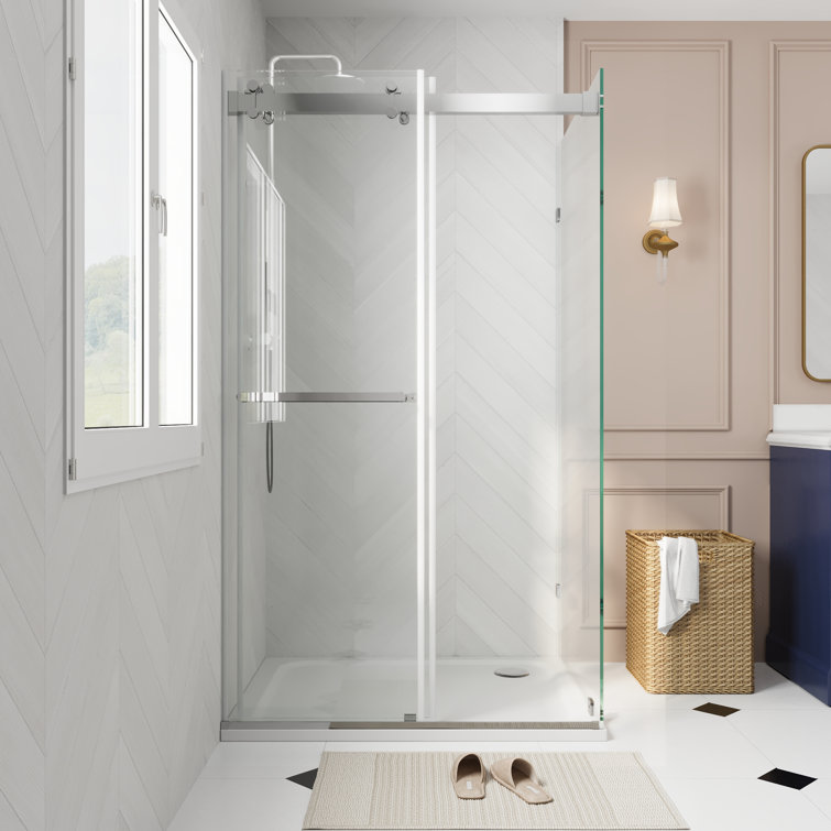 43" Frameless Sliding Shower Enclosure with Clear Glass and Stainless Steel