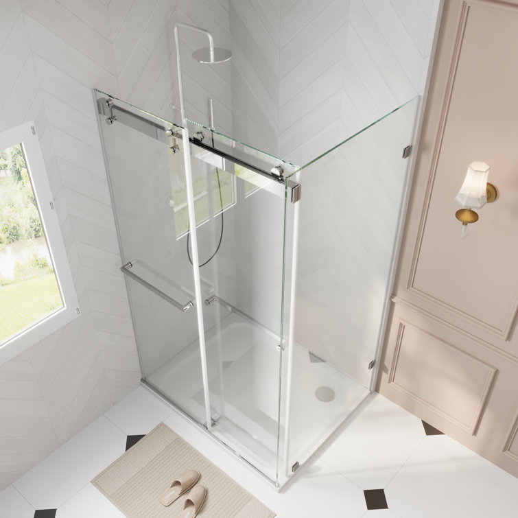 43" Frameless Sliding Shower Enclosure with Clear Glass and Stainless Steel