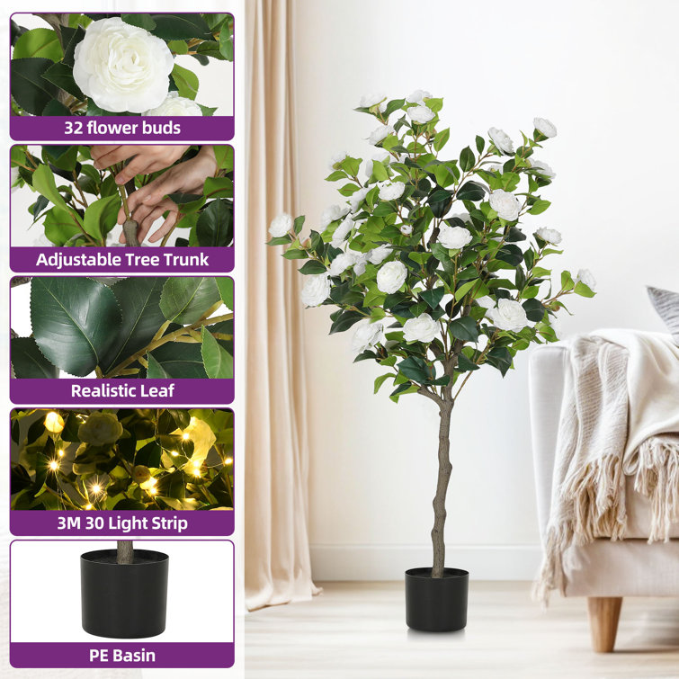 49.2" White Artificial Camellia Tree with LED Lights