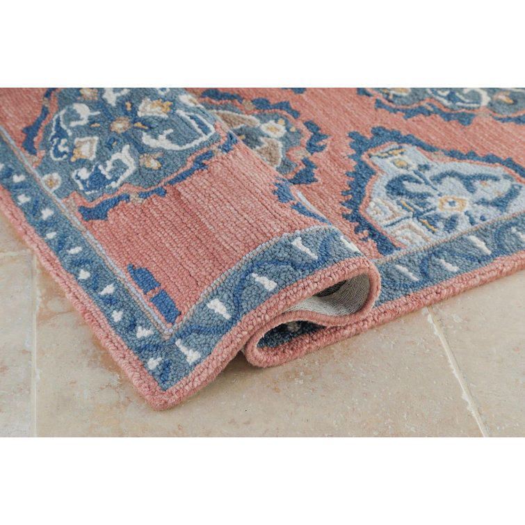Vintage Red and Blue Hand-Tufted Wool Runner Rug
