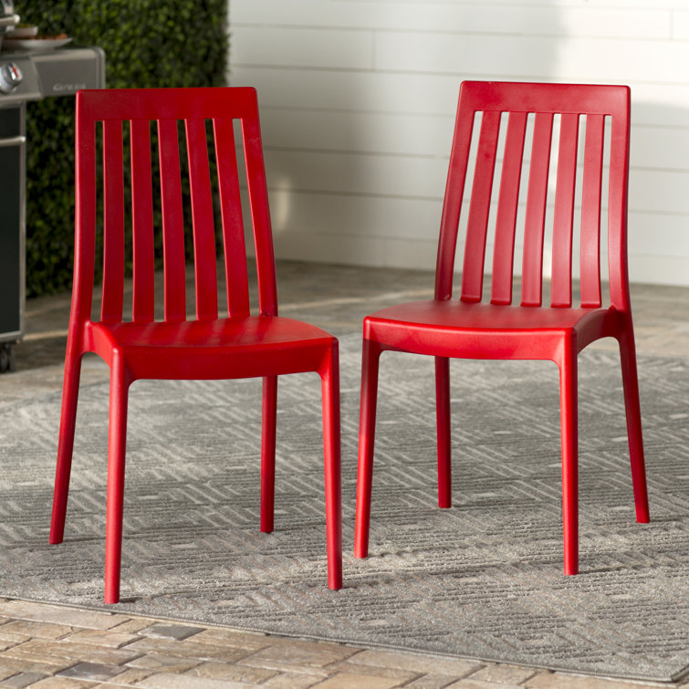 Red Stackable Plastic Outdoor Dining Chairs with Slatted Back, Set of 2