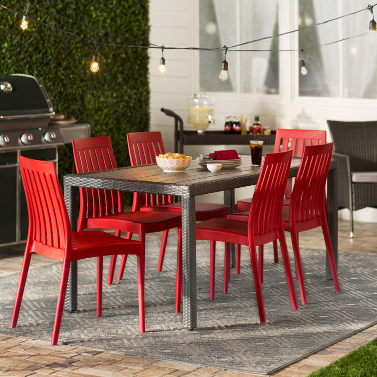 Red Stackable Plastic Outdoor Dining Chairs with Slatted Back, Set of 2