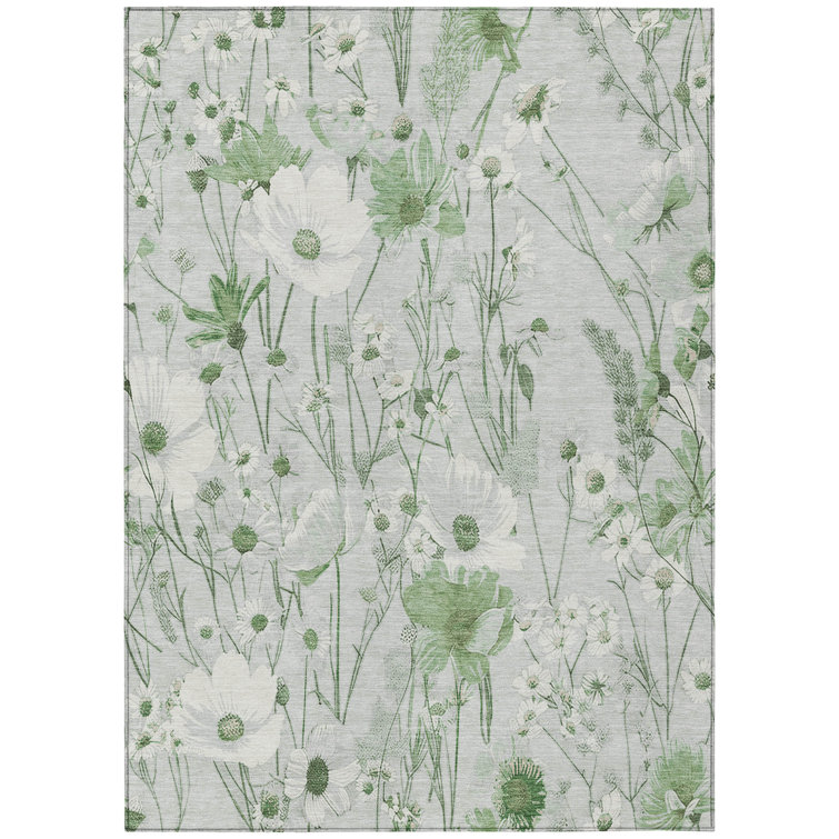 Mint Green Floral Washable Rectangular Rug 2'6" x 3'10"