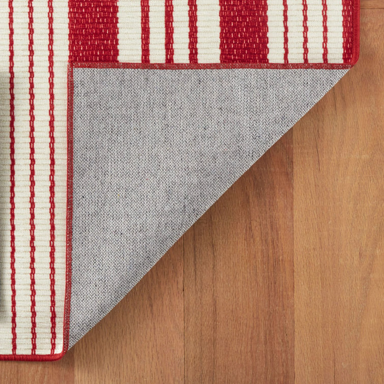 Abby Ticking Red and White Stripe Washable Runner Rug