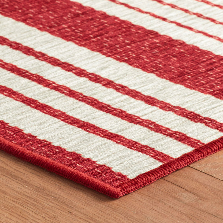 Abby Ticking Red and White Stripe Washable Runner Rug