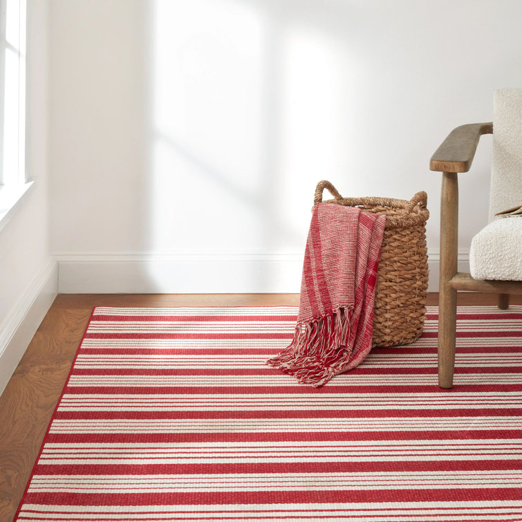 Abby Ticking Red and White Stripe Washable Runner Rug