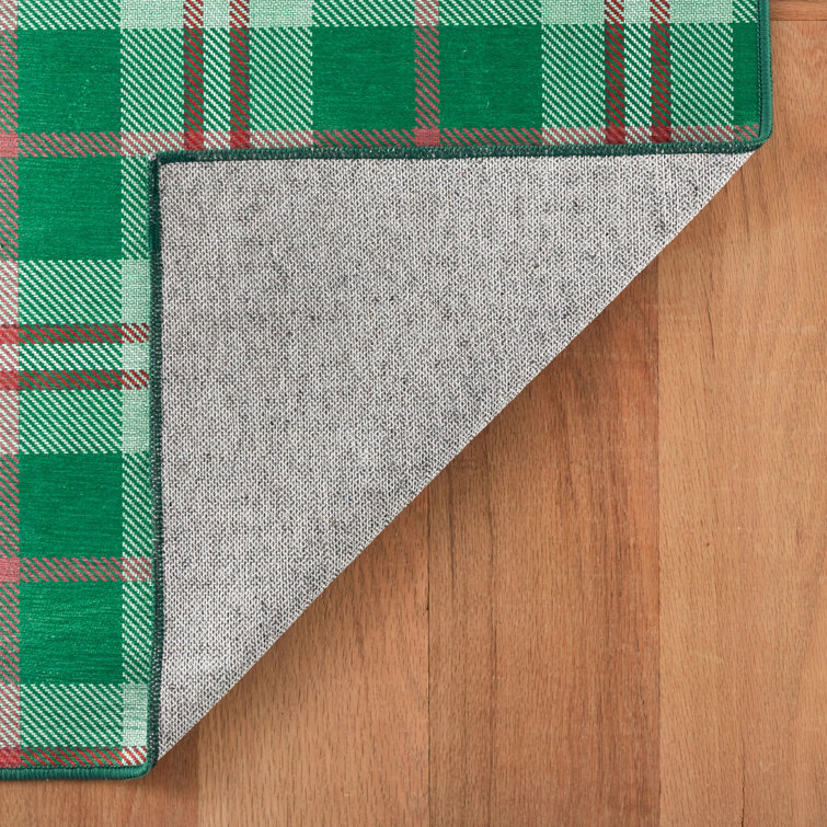 Green and Red Plaid Washable Synthetic Runner Rug 2'6" x 6'