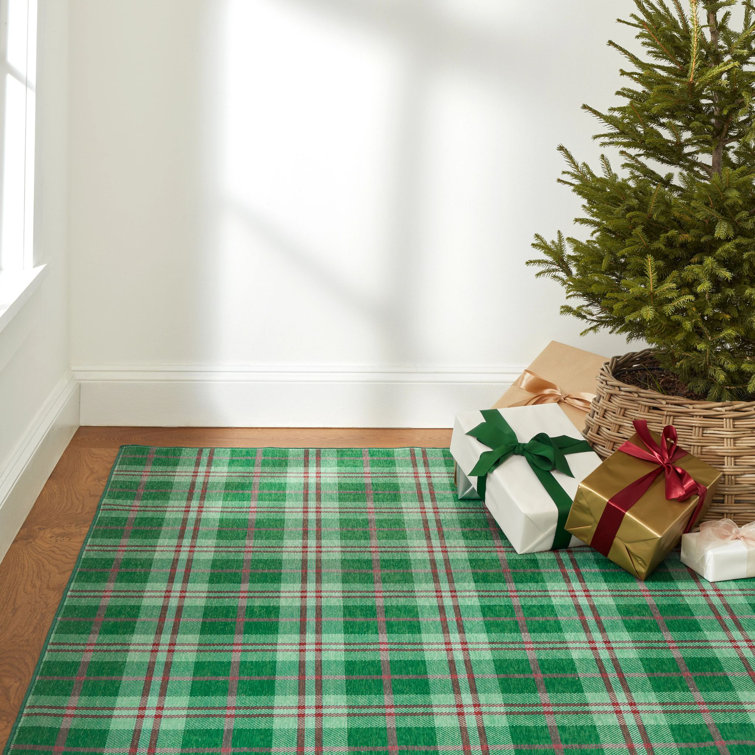 Green and Red Plaid Washable Synthetic Runner Rug 2'6" x 6'
