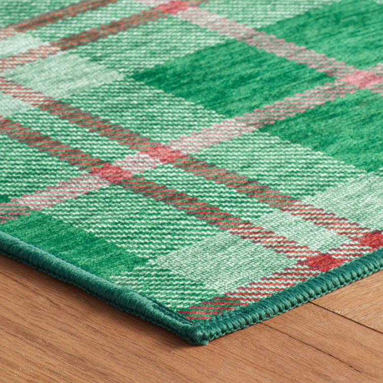 Green and Red Plaid Washable Synthetic Runner Rug 2'6" x 6'