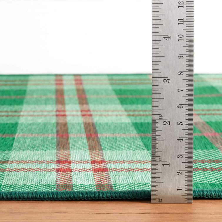 Green and Red Plaid Washable Synthetic Runner Rug 2'6" x 6'