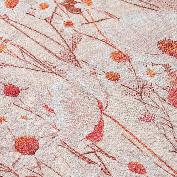 Rectangular Red Floral Synthetic Washable Rug