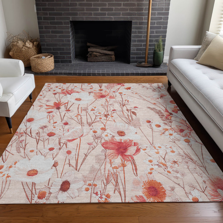 Rectangular Red Floral Synthetic Washable Rug