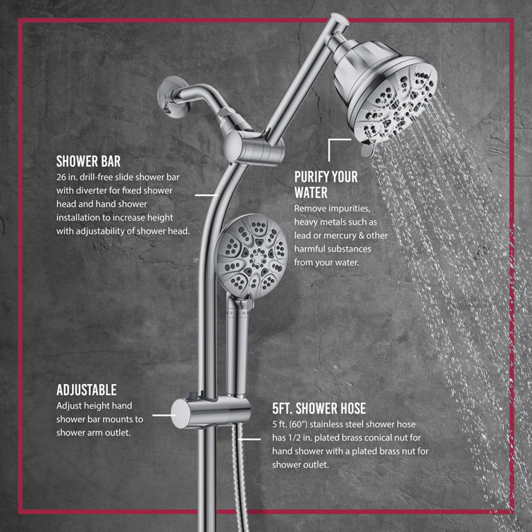 Polished Chrome Dual Head Adjustable Height Shower Set with Filter