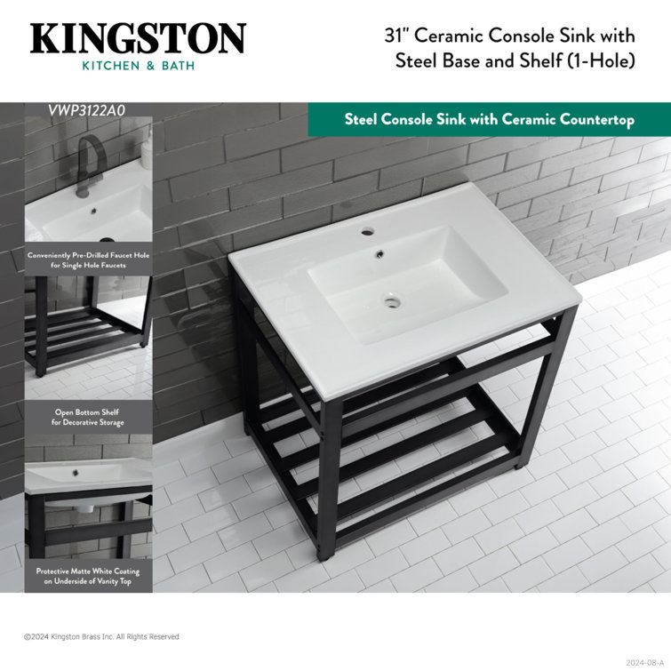 White Ceramic Console Sink with Brushed Nickel Steel Base