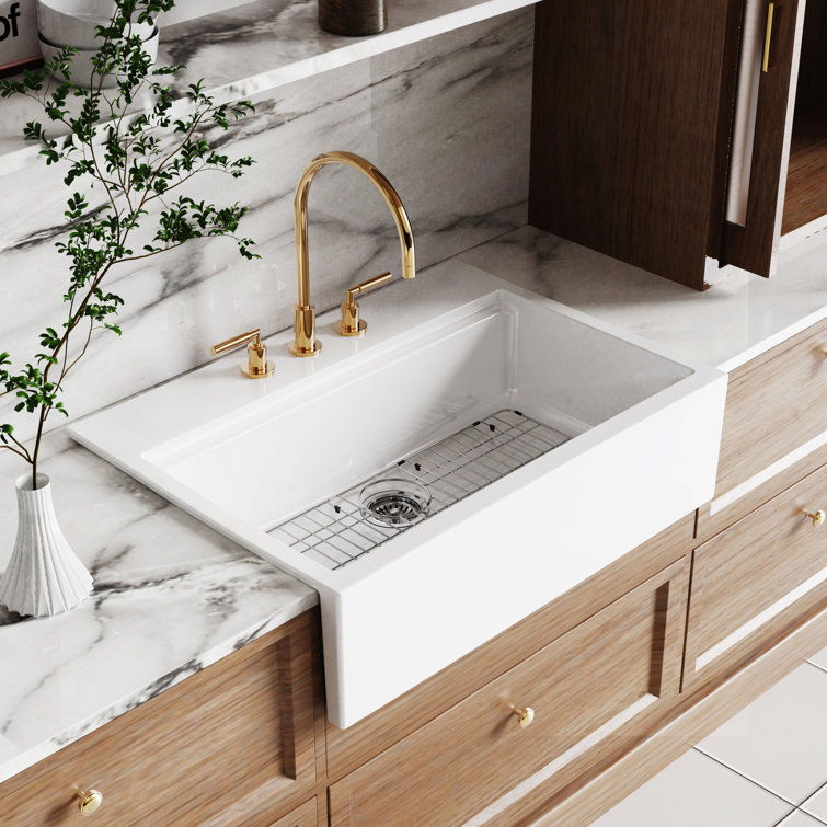 Glossy White Fireclay Farmhouse Kitchen Sink, 34-Inch Single Bowl