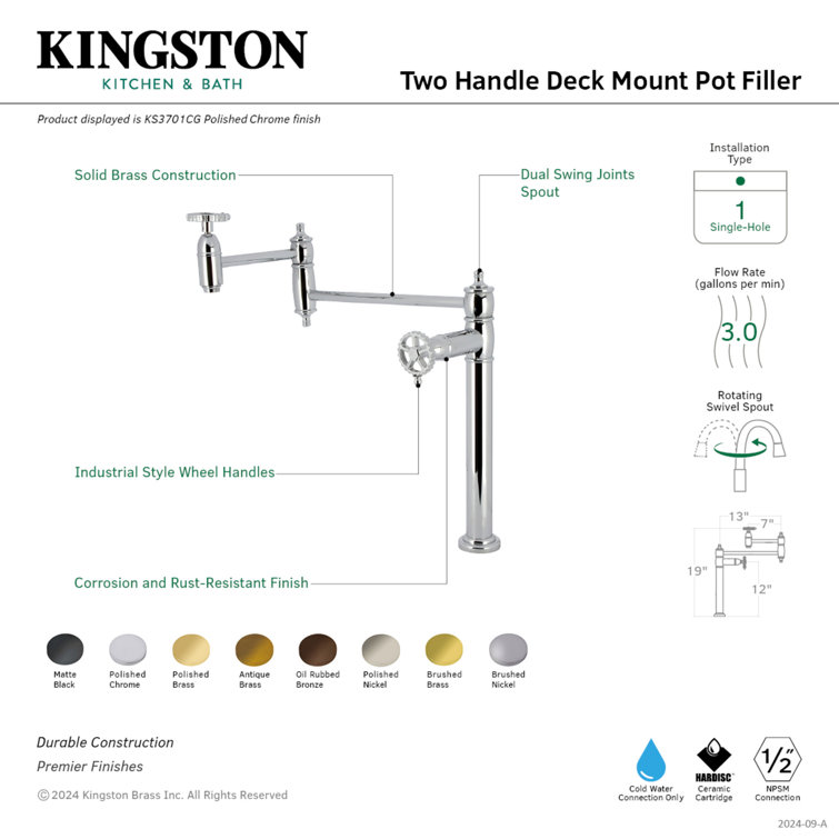 Polished Chrome Dual Handle Deck Mount Pot Filler Faucet
