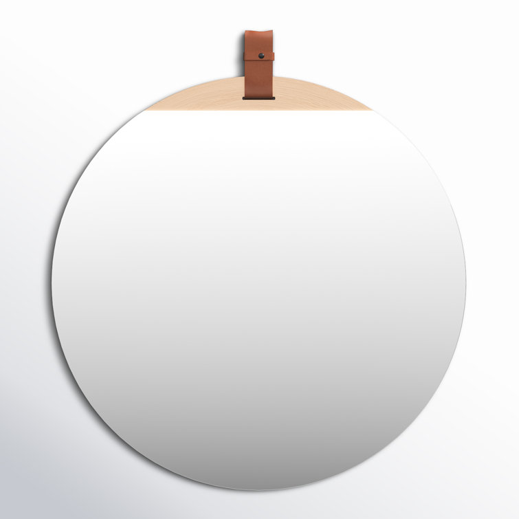 Heppner Round Frameless Blonde Wood Dresser Mirror with Leather Strap