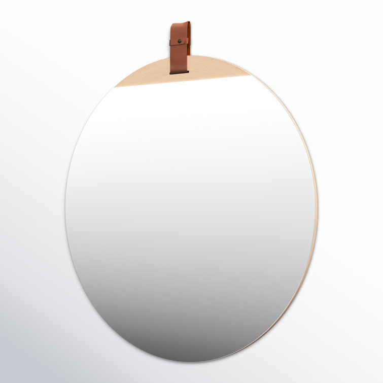 Heppner Round Frameless Blonde Wood Dresser Mirror with Leather Strap