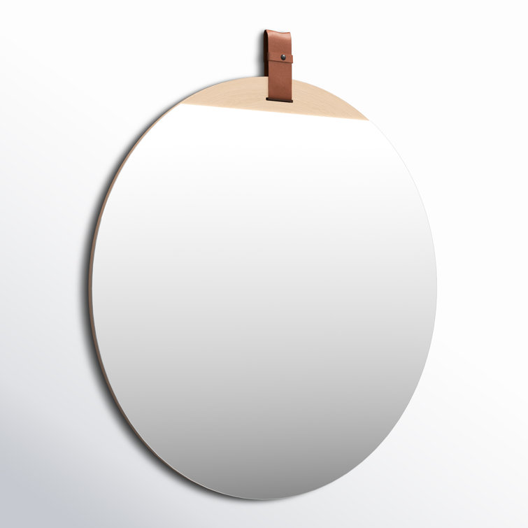 Heppner Round Frameless Blonde Wood Dresser Mirror with Leather Strap