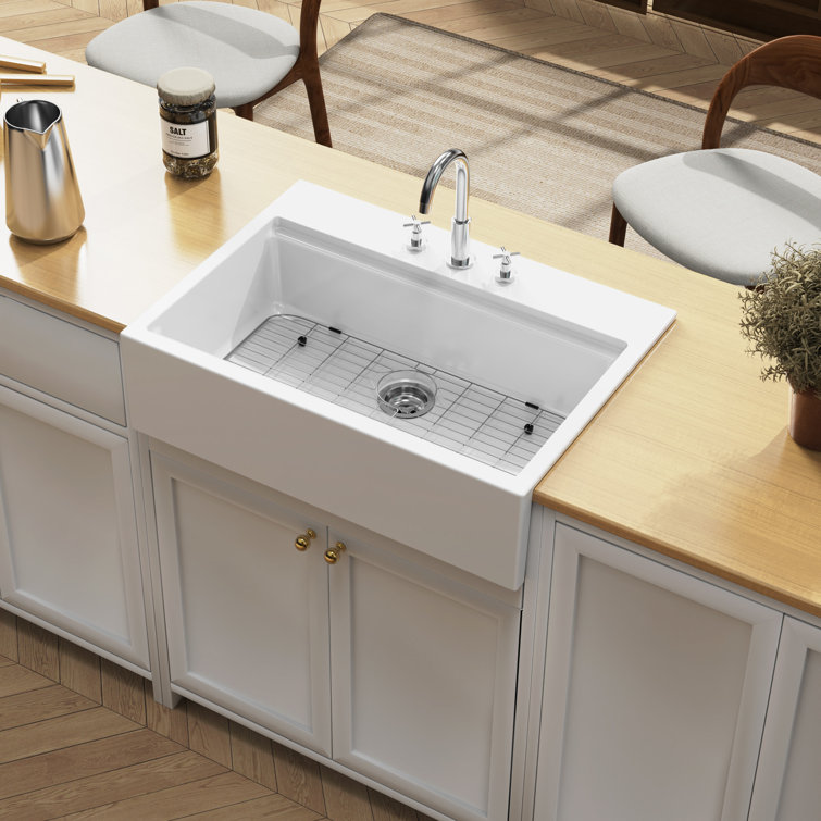 Glossy White Fireclay Farmhouse Kitchen Sink, 34-Inch Single Bowl