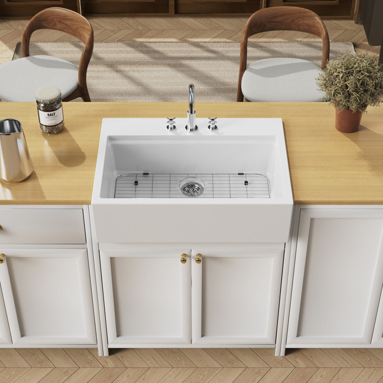 Glossy White Fireclay Farmhouse Kitchen Sink, 34-Inch Single Bowl