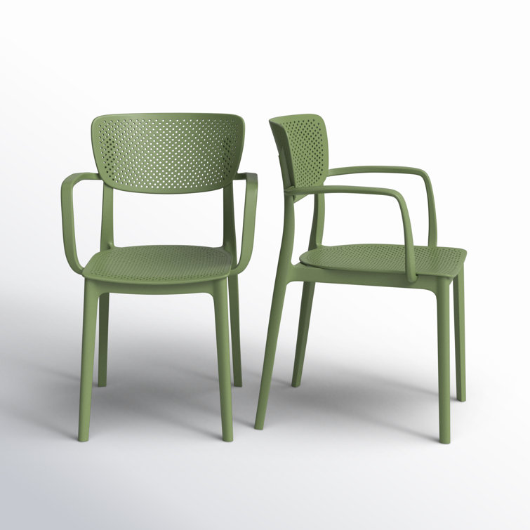 Olive Green Plastic Resin Stackable Outdoor Dining Chairs, Set of 2