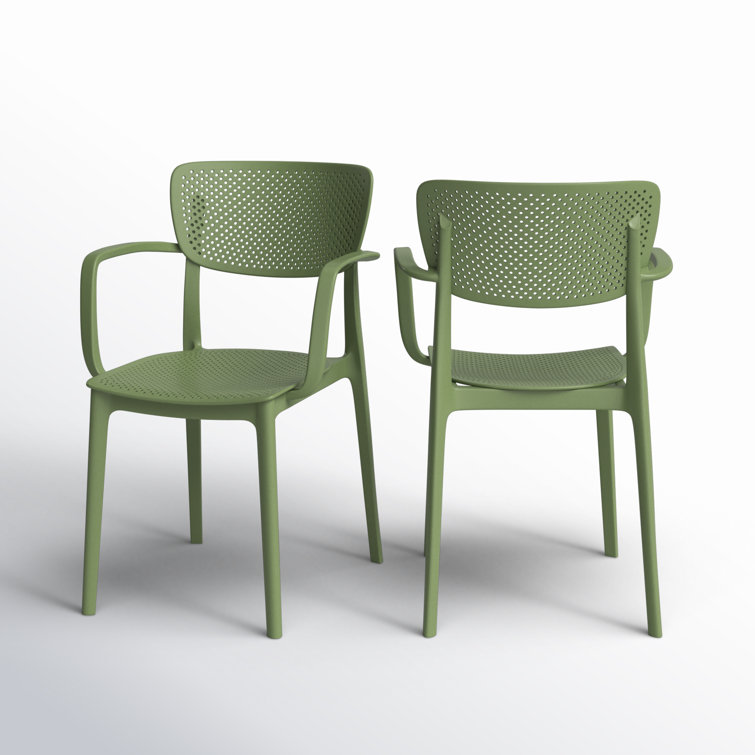 Olive Green Plastic Resin Stackable Outdoor Dining Chairs, Set of 2
