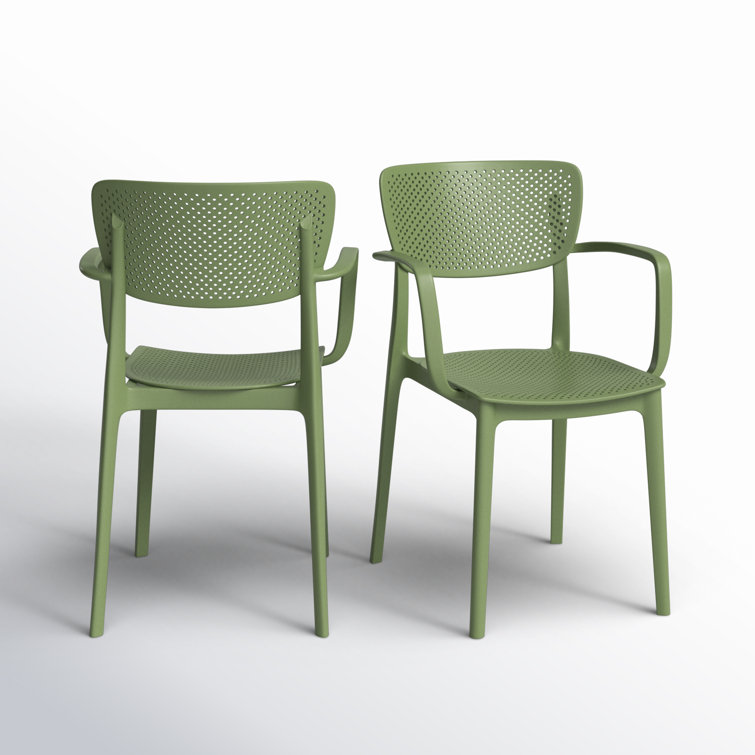 Olive Green Plastic Resin Stackable Outdoor Dining Chairs, Set of 2