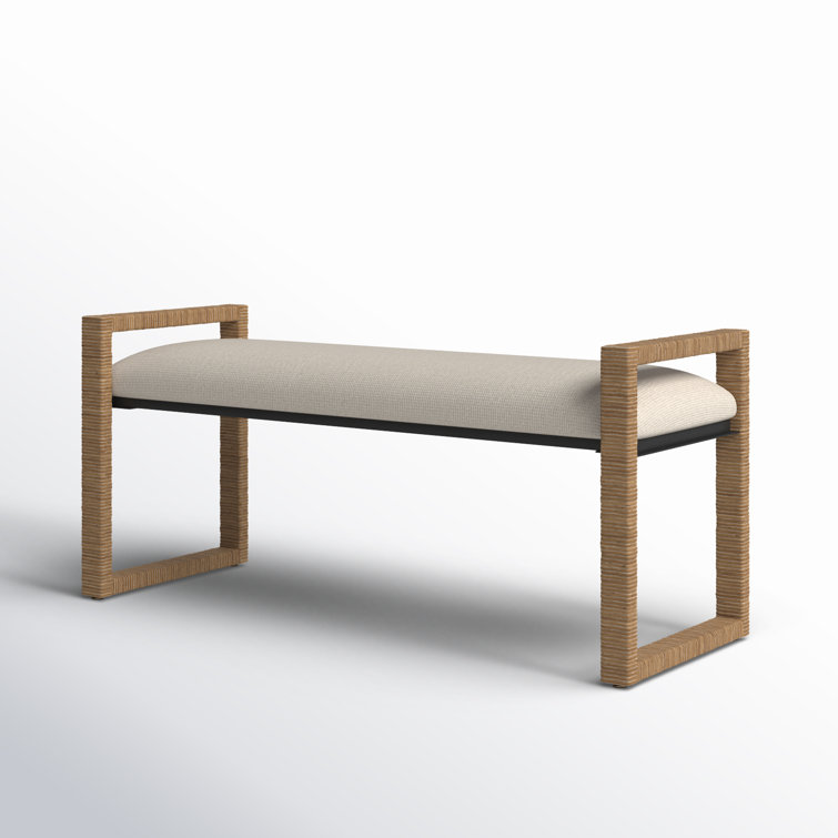 Oatmeal Upholstered Metal Sled Leg Bench with Rattan Frame