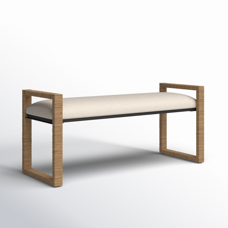 Oatmeal Upholstered Metal Sled Leg Bench with Rattan Frame