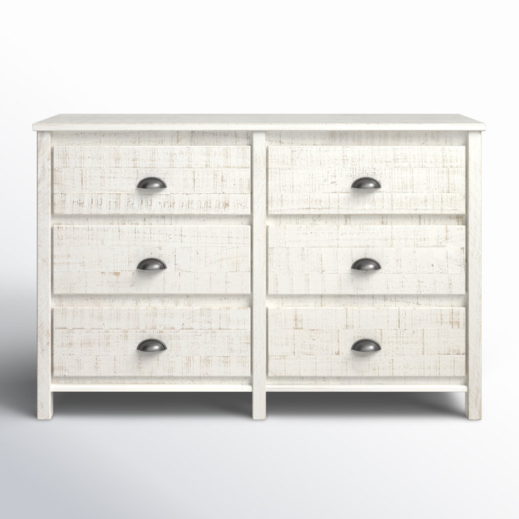 Farmhouse Baja Double 6-Drawer Dresser in Shabby White with Felt-Lined Drawers