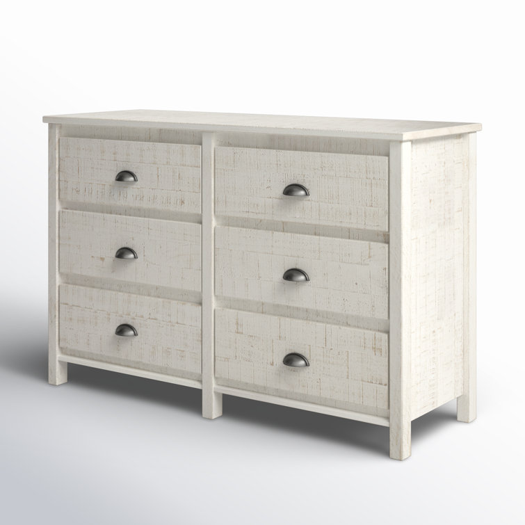 Farmhouse Baja Double 6-Drawer Dresser in Shabby White with Felt-Lined Drawers