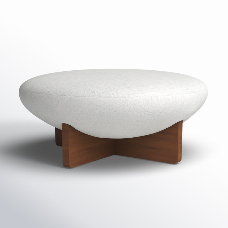 Taupe Round Linen Ottoman with Ash Wood Base