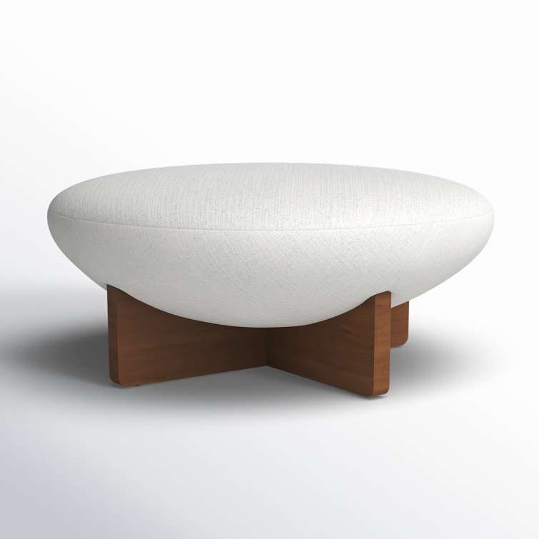 Taupe Round Linen Ottoman with Ash Wood Base