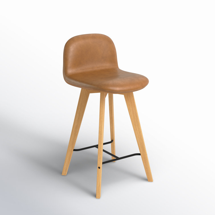 Brown Genuine Leather and Oak Counter Stool with Metal Footrest