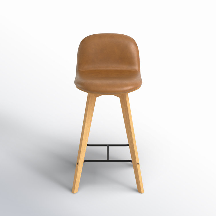 Brown Genuine Leather and Oak Counter Stool with Metal Footrest