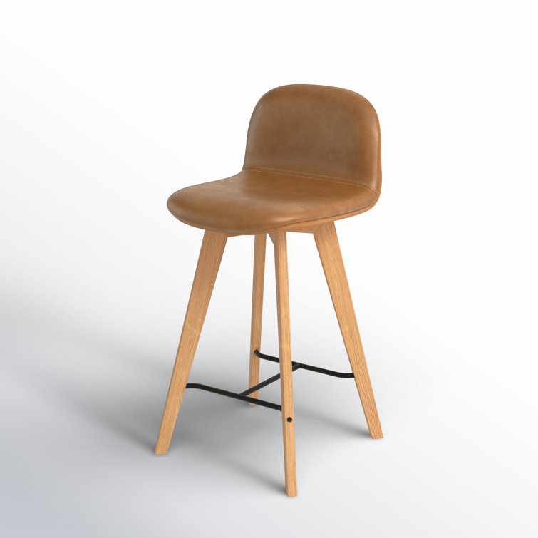 Brown Genuine Leather and Oak Counter Stool with Metal Footrest