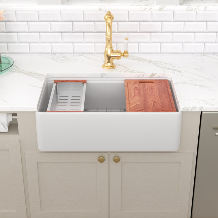 33'' White Ceramic Farmhouse Workstation Kitchen Sink with Accessories