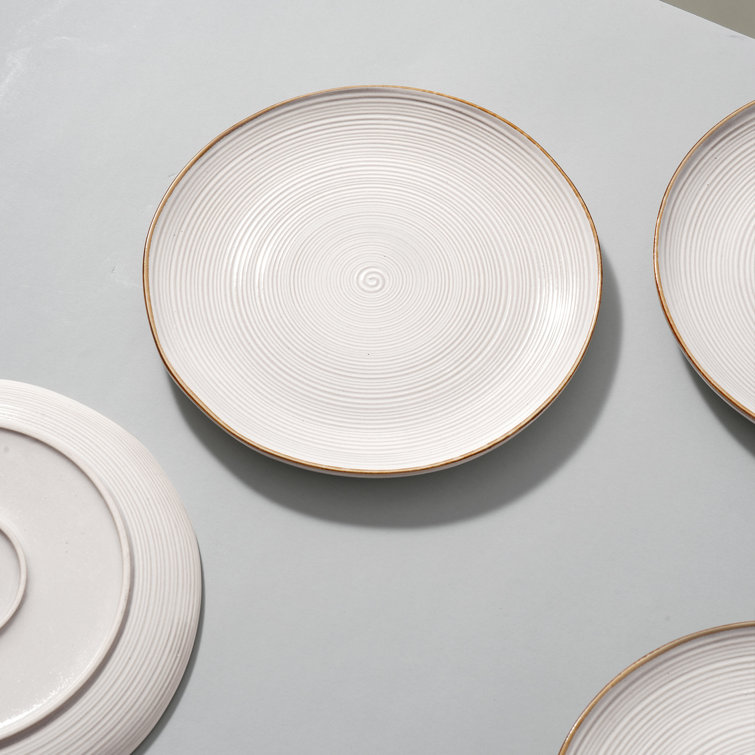 Off-White Ceramic Dinner Plate Set with Delicate Threaded Lines