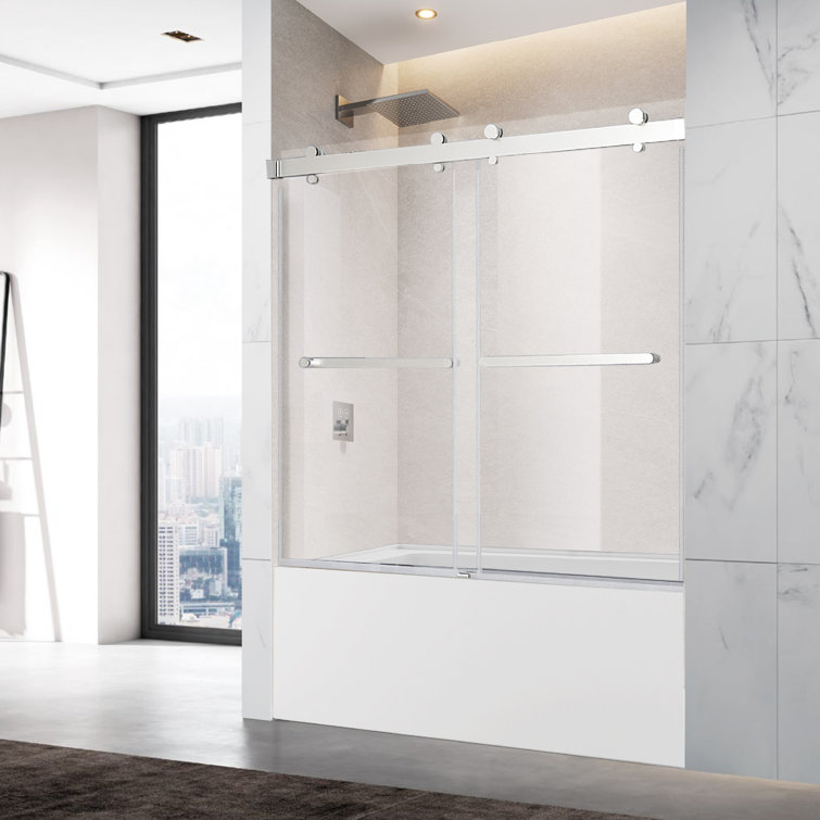 60" Chrome Frameless Sliding Bathtub Door with Clear Tempered Glass