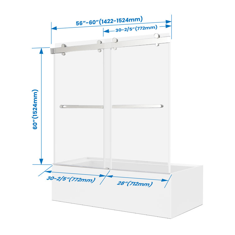 60" Chrome Frameless Sliding Bathtub Door with Clear Tempered Glass